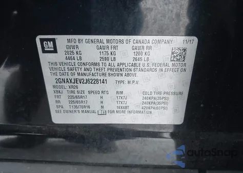 2018 Chevrolet Equinox Lt z USA, uszkodzony, nr VIN 2GNAXJEV2J6228141